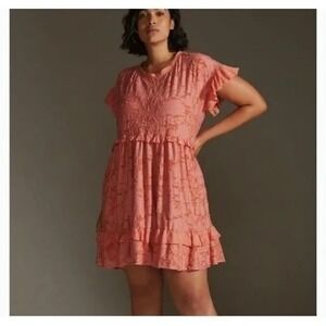 Anthropologie  Women's Coral Pink Textured Jacquard Dress Sz XL Short Sleeve